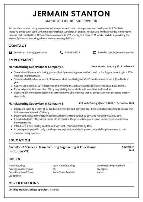 supervisor resume|manufacturing supervisor resume sample.